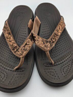 Crocs Wedge Flip Flops Brown Sequin Thong Sandals Womens 10 Comfort